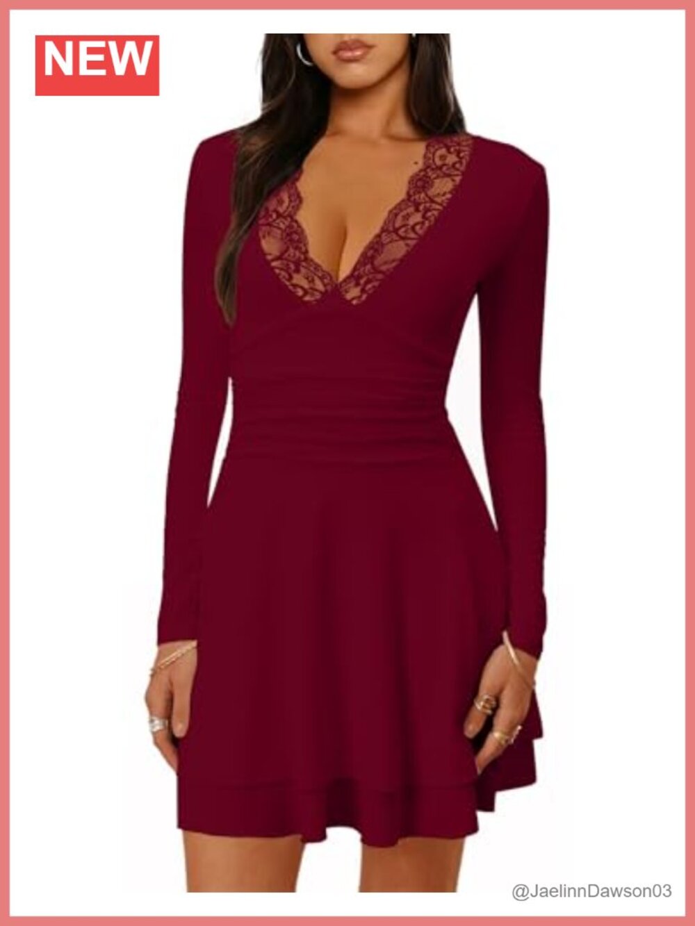 Women's Ruched Lace V Neck Long Sleeve Mini Dress Flowy Party Club